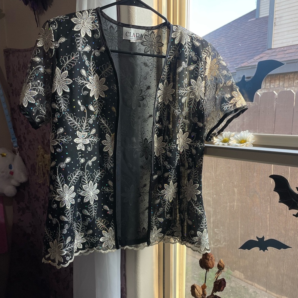 Vintage CLARA sheer black & silver floral print shimmery open cardigan top